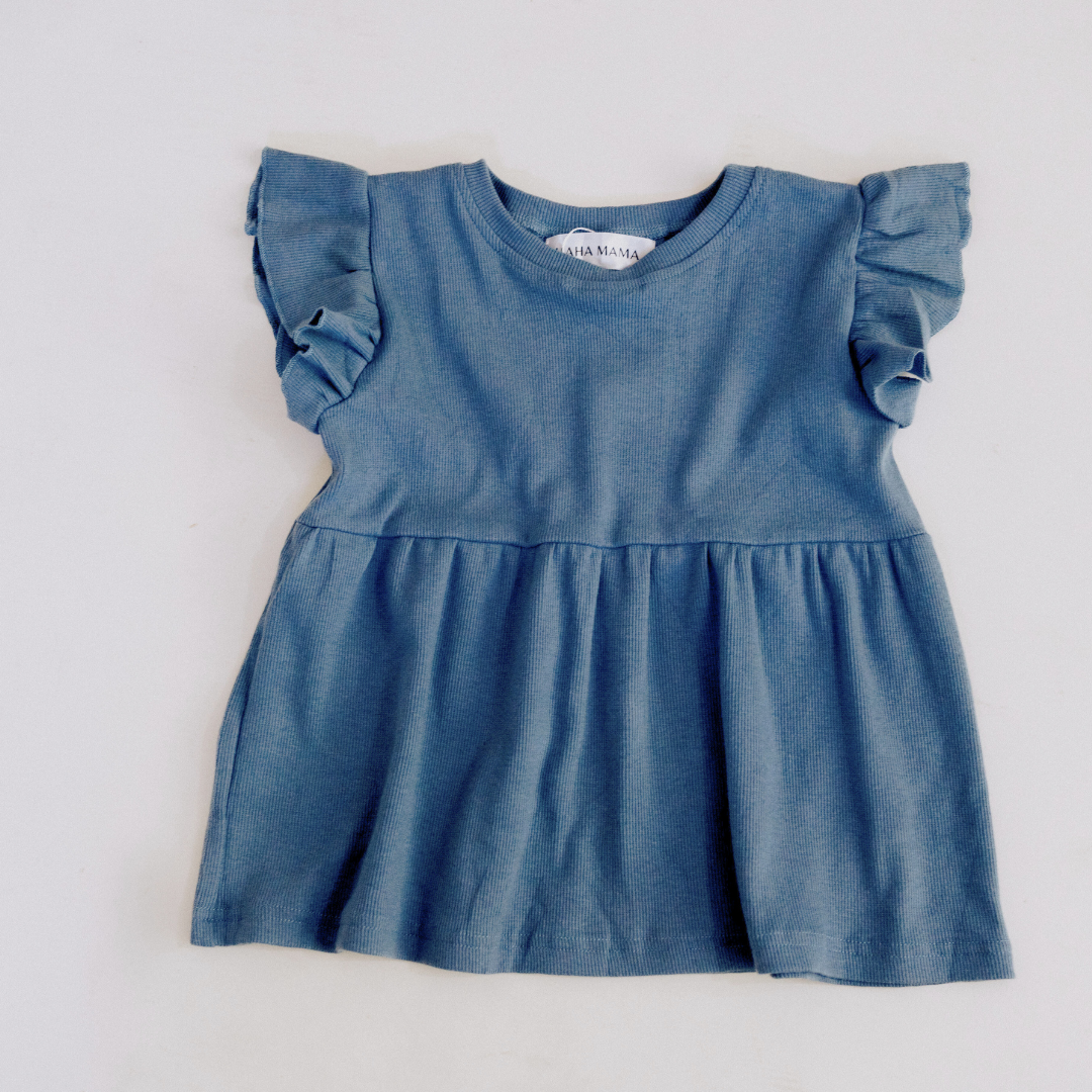 Dusty Blue Ribbed Peplum Top - Girl's