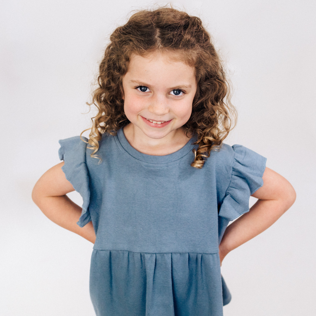 Dusty Blue Ribbed Peplum Top - Girl's