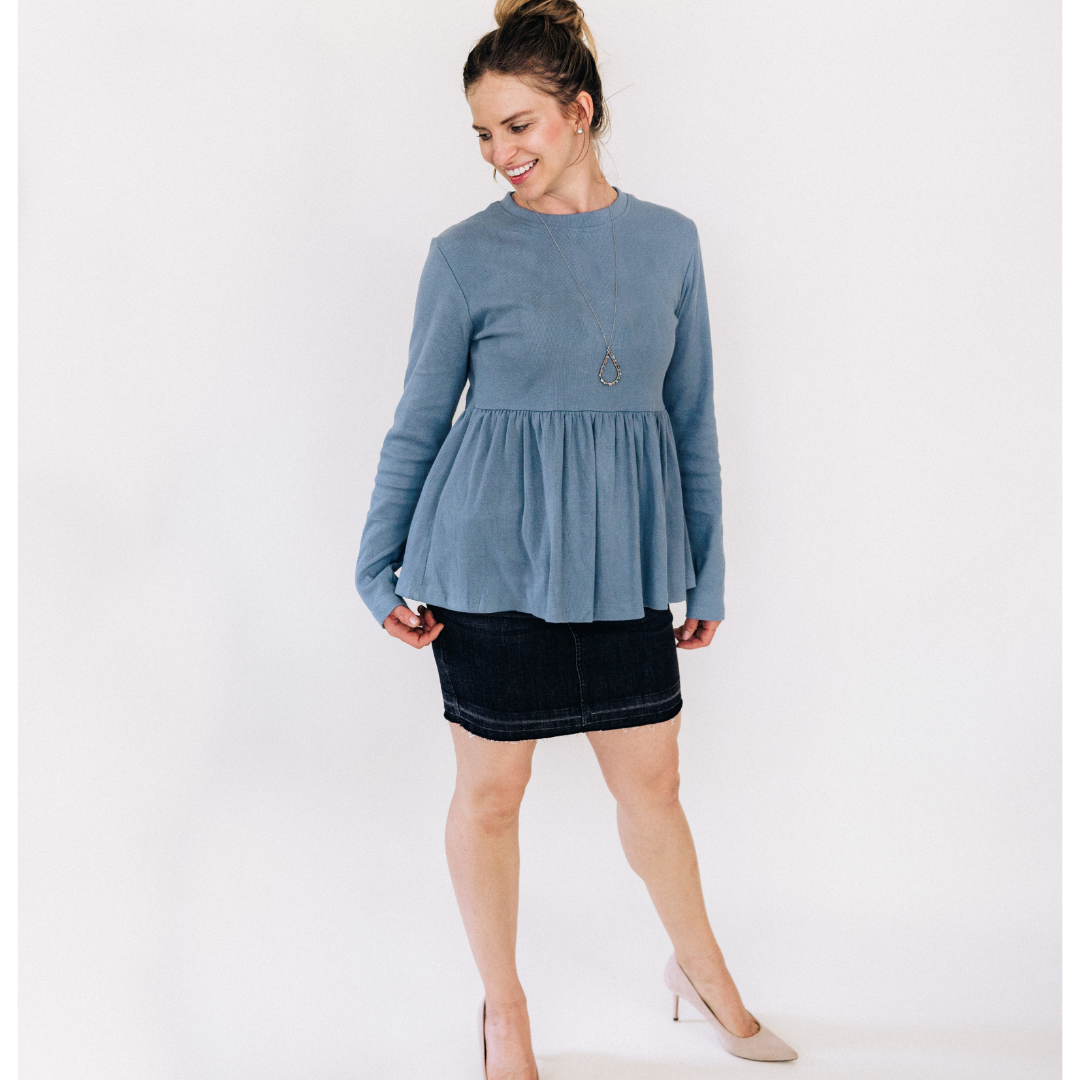 Dusty Blue Ribbed Peplum Top - Women's