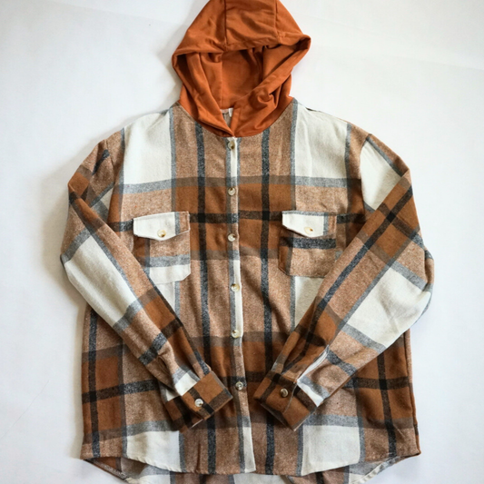 Hooded Brown & Gray Flannel Jacket- Women's