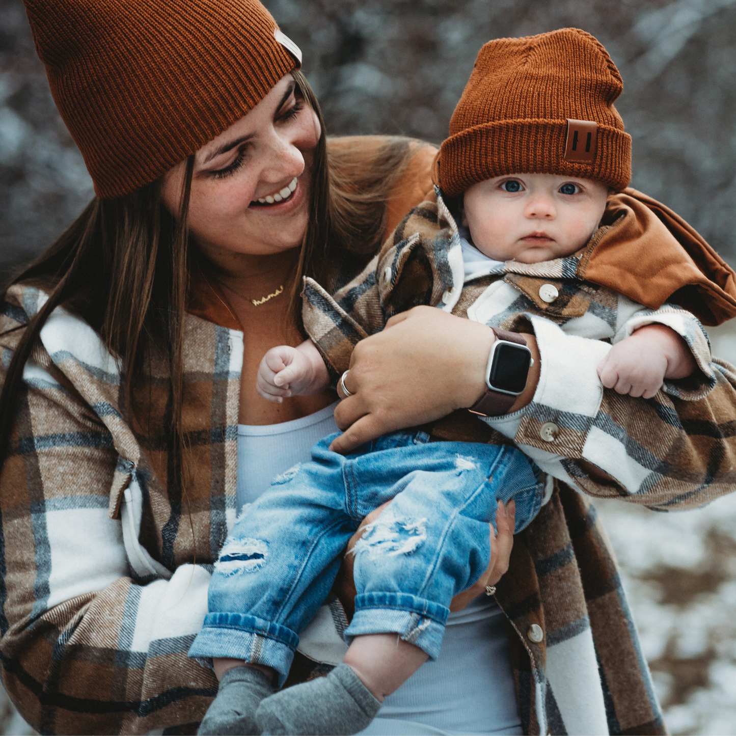 Hooded Brown & Gray Flannel Jacket Mother and Son- Women's