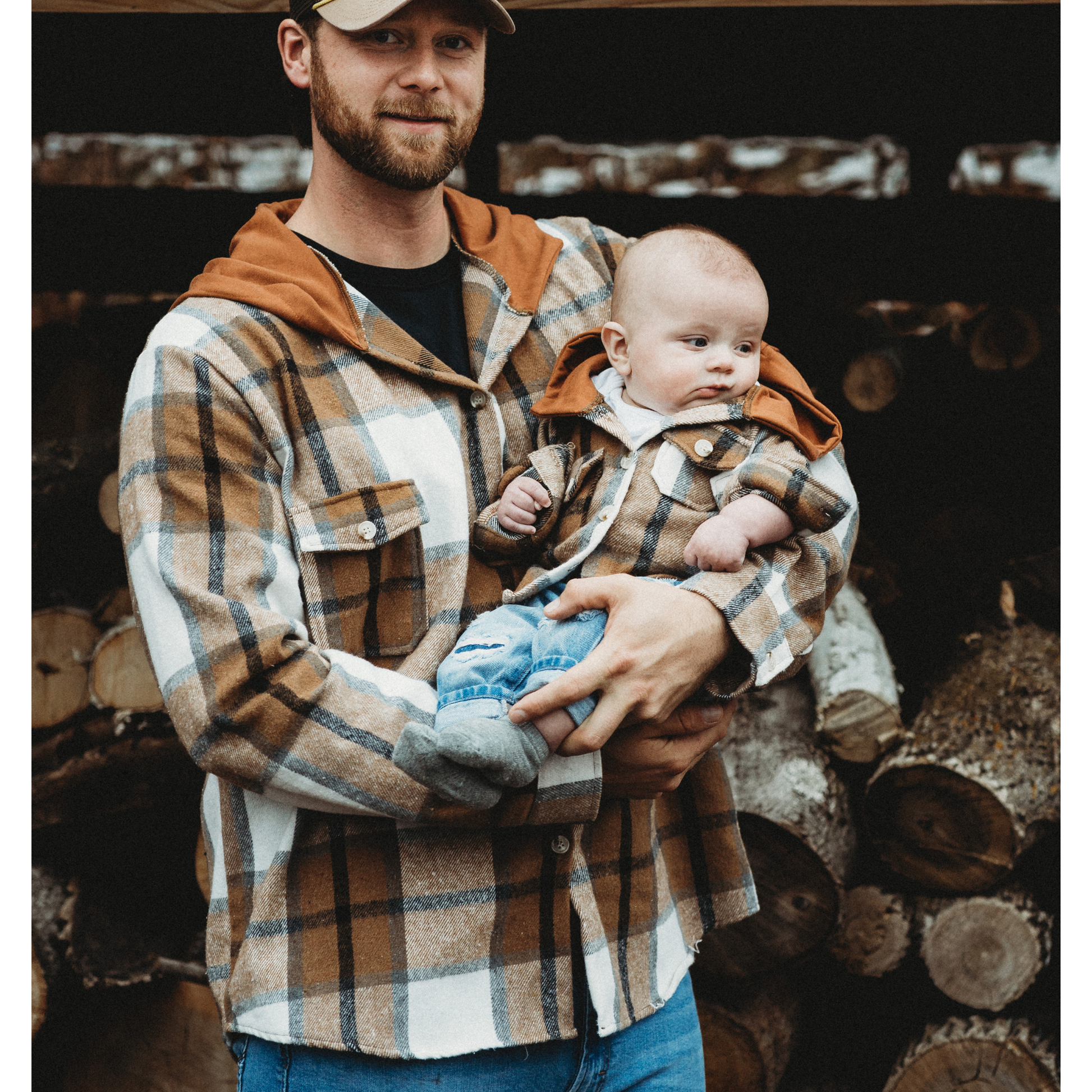 Hooded Brown & Gray Flannel Jacket Mother and Son- Women's