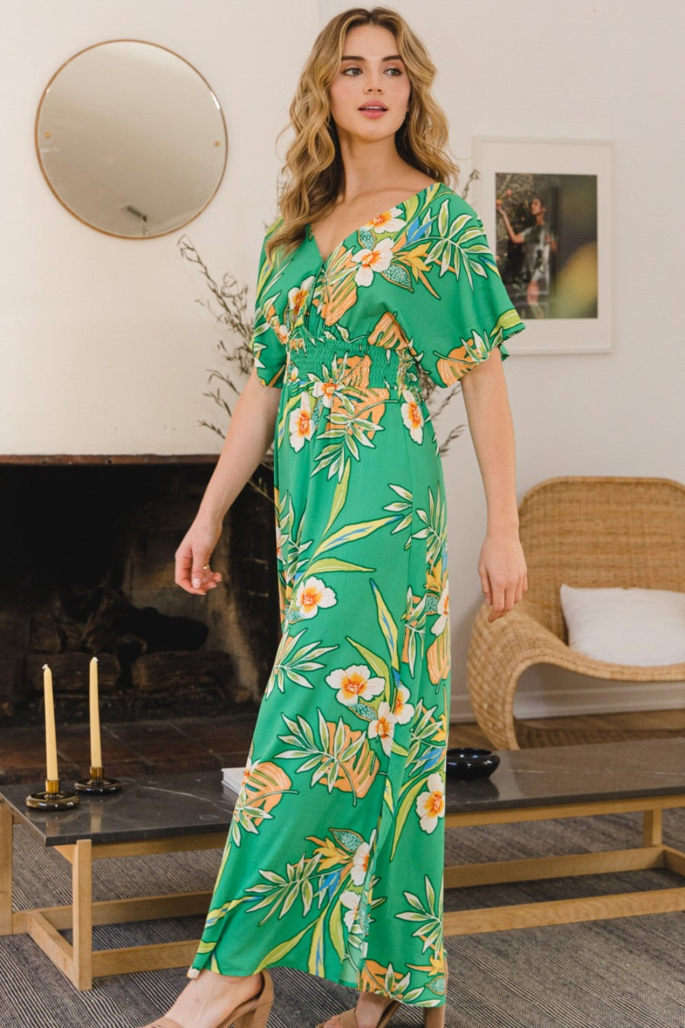 Tropical Floral Smocked Tied Back Maxi Dress