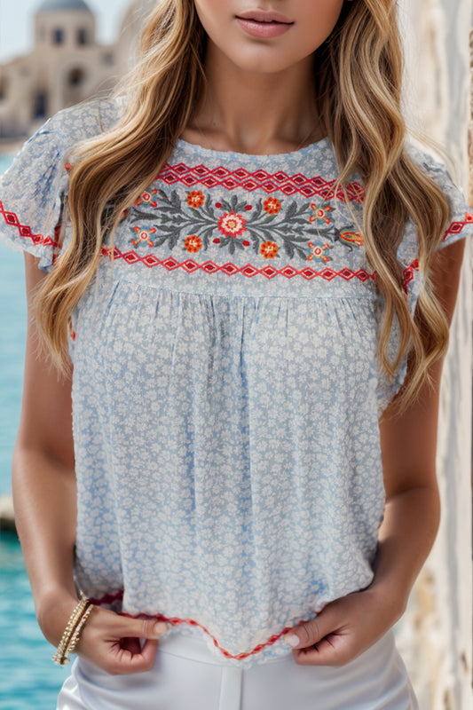 Embroidered Cap Sleeve Blouse