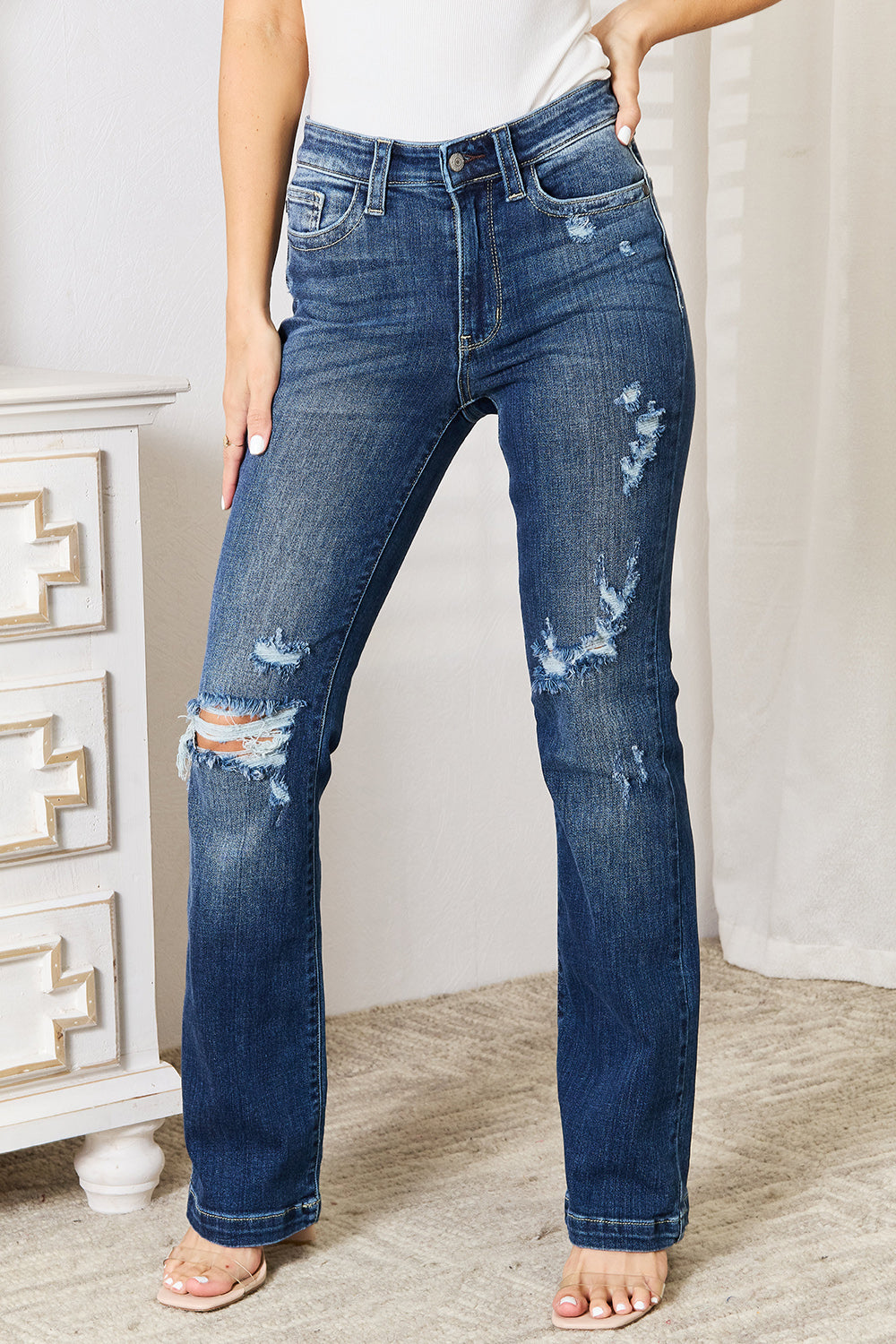 Judy Blue Lucy Mid Rise Hand Sand Distressed Bootcut Jeans