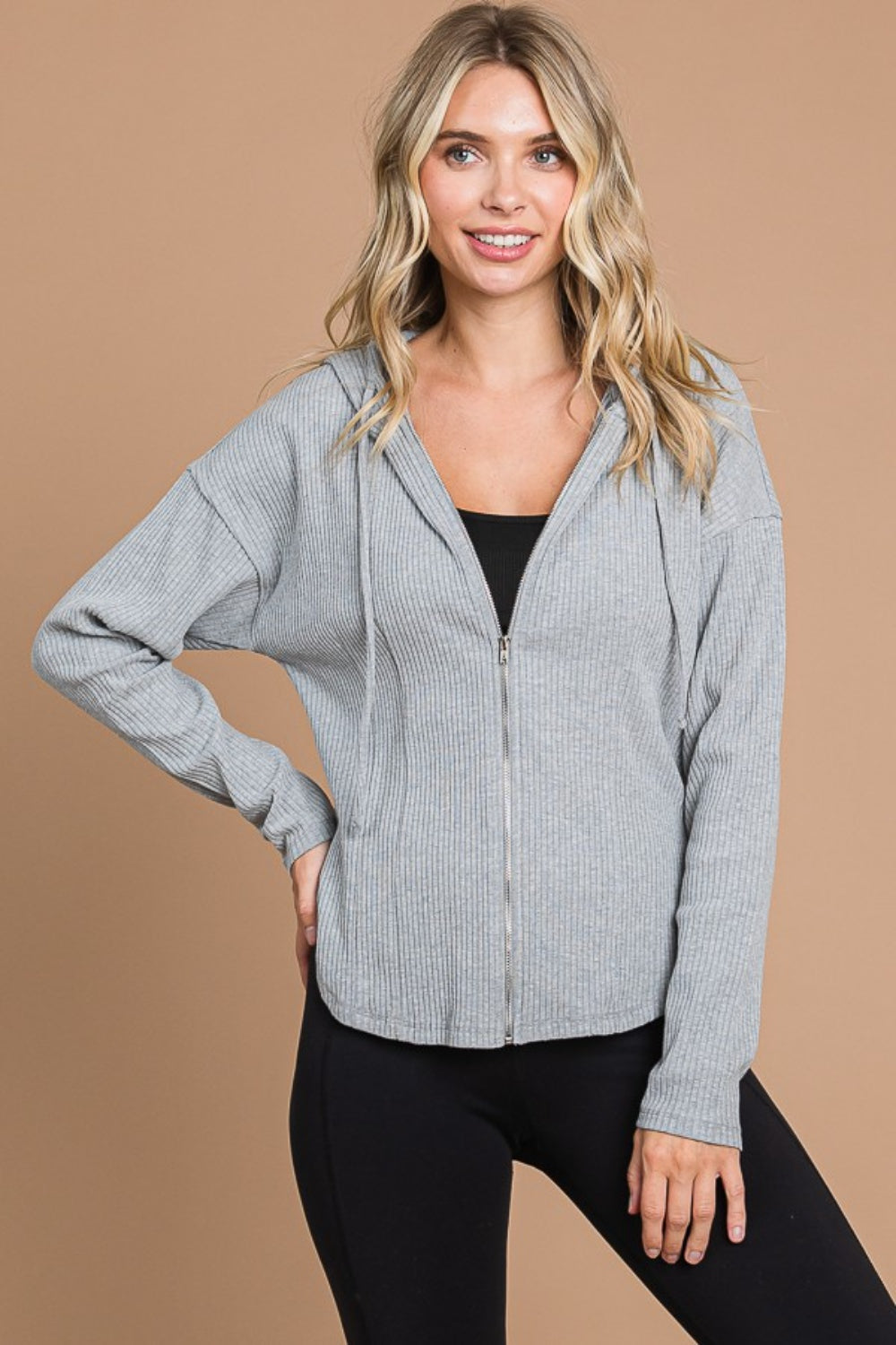 Ribbed Zip Up Drawstring Hooded Jacket - 4 Color Options