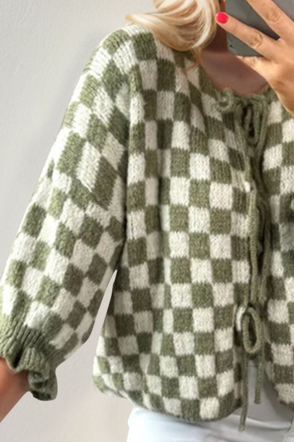 Tied Checkered Flounce Sleeve Cardigan - 7 Color Options