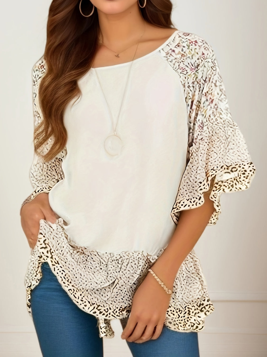 Ruffle Sleeve Mixed Print Blouse - 7 Print/Color Options