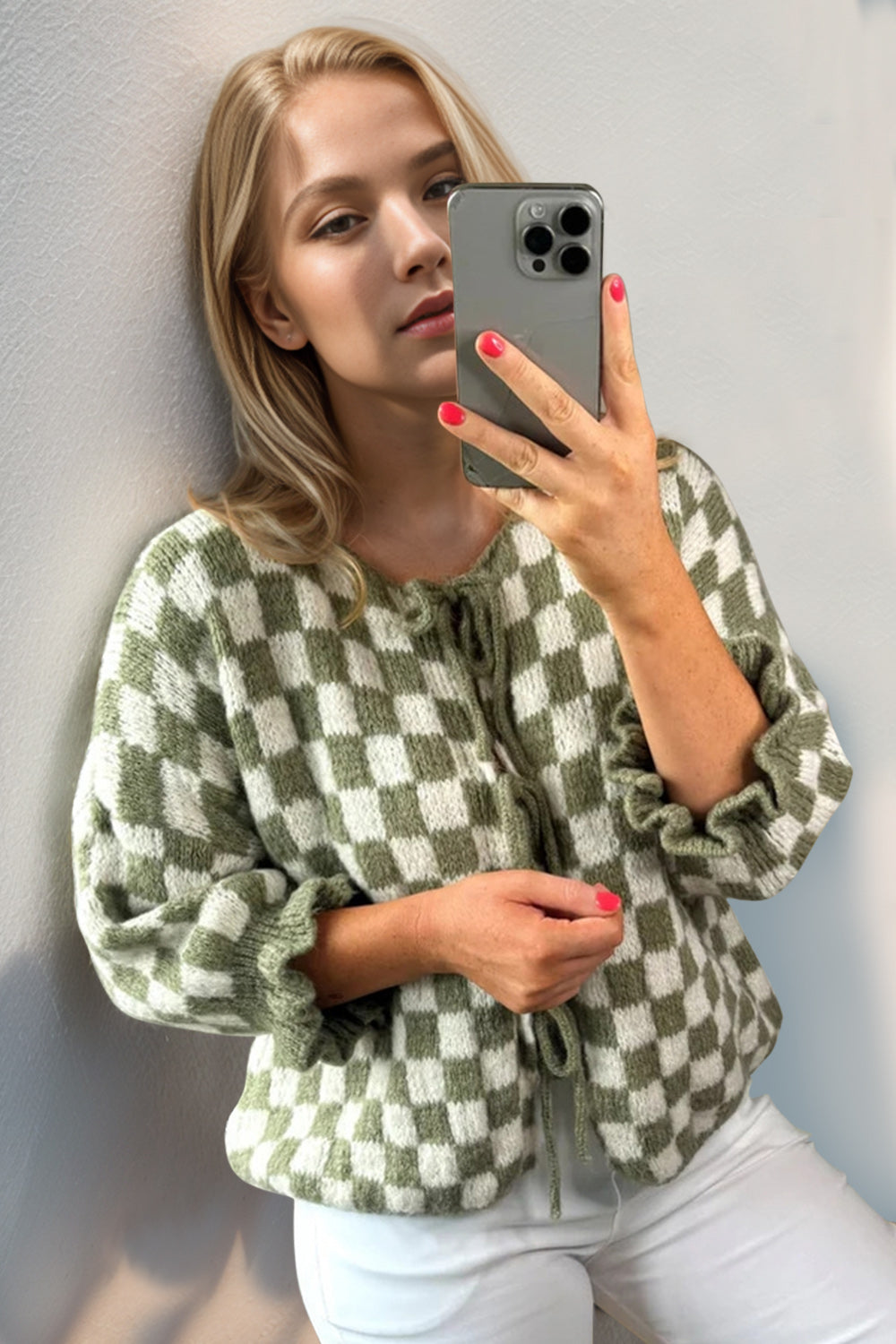 Tied Checkered Flounce Sleeve Cardigan - 7 Color Options