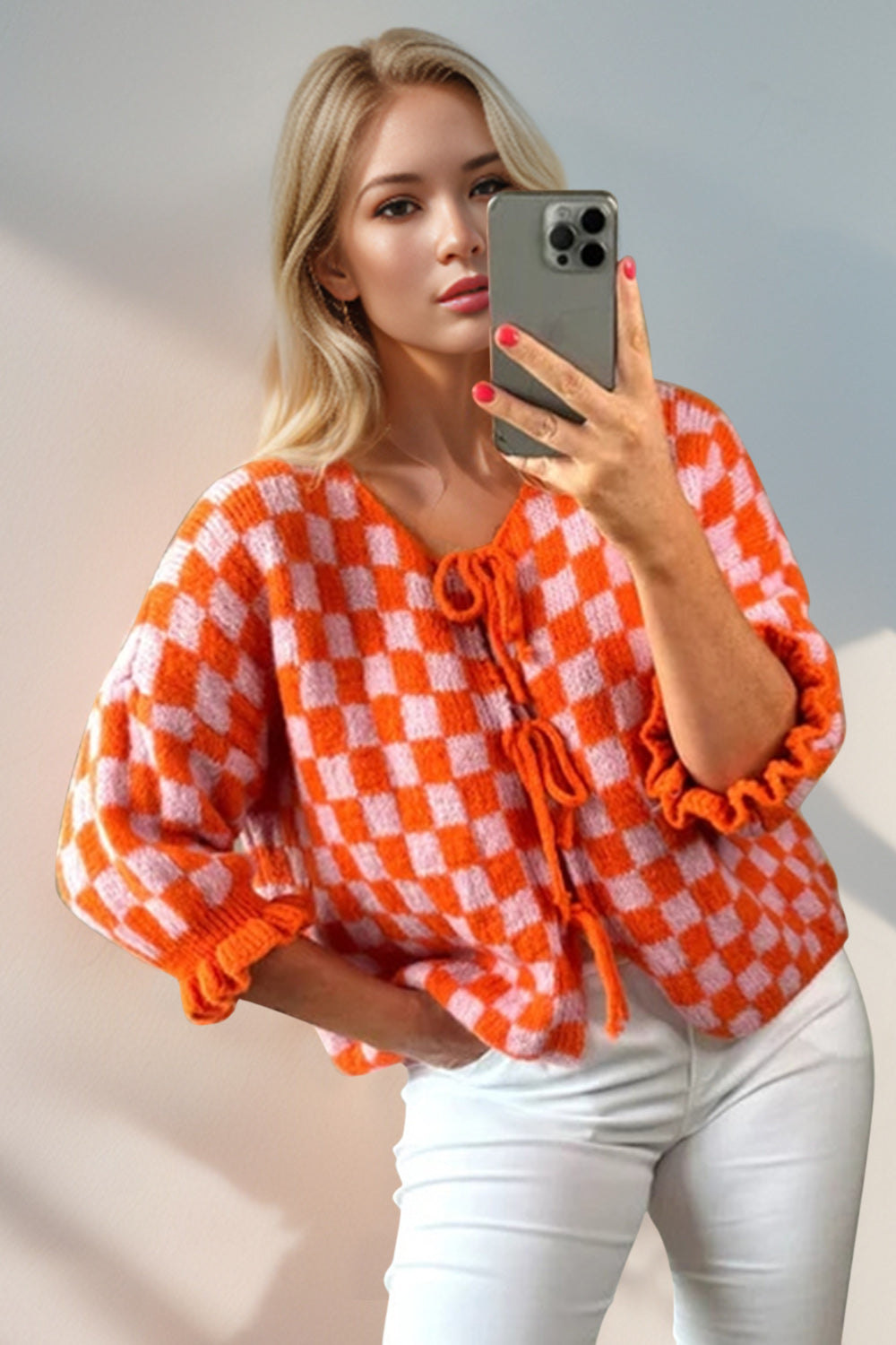 Tied Checkered Flounce Sleeve Cardigan - 7 Color Options