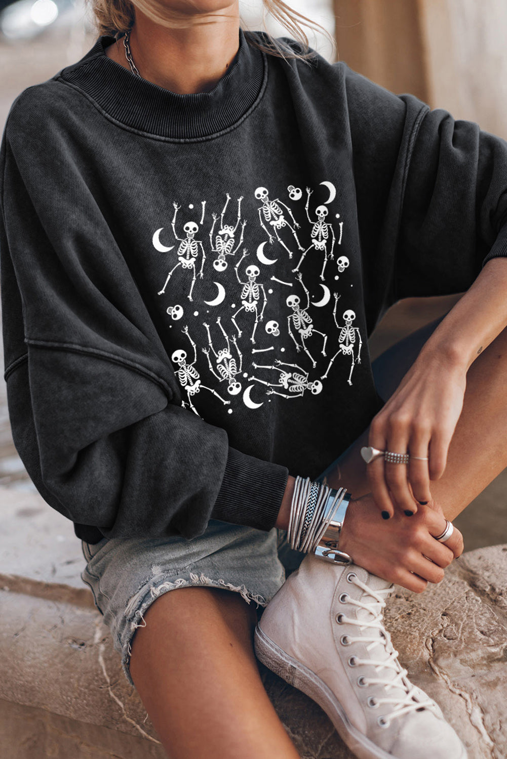 Skeletons in the Night Mineral Wash Graphic Sweatshirt