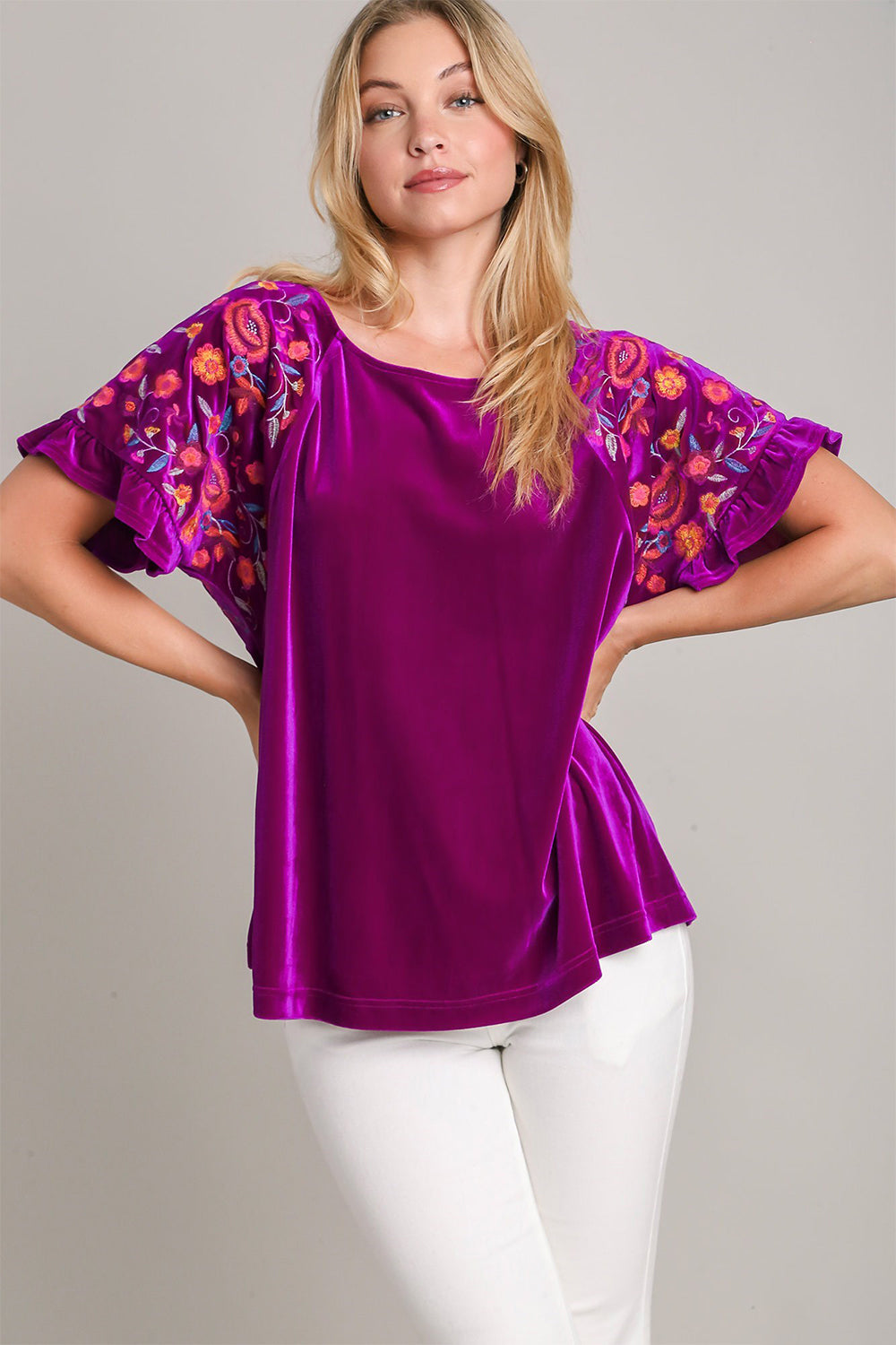 Velvet Embroidery Short Sleeve Blouse in Violet