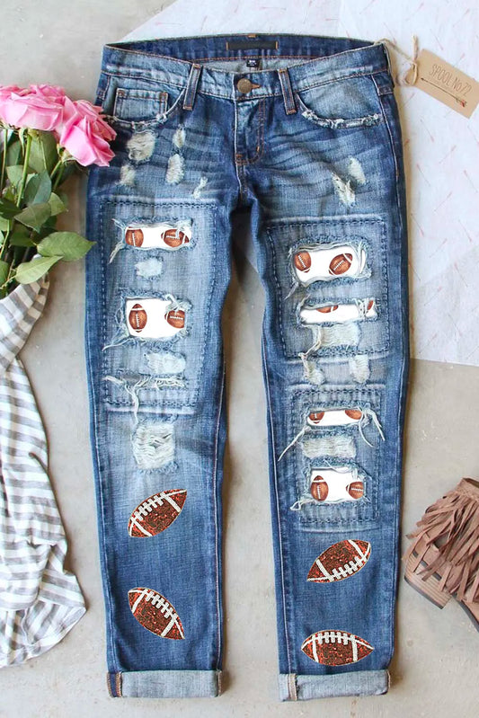 Football Patch Mid Rise Distressed Straight Jeans