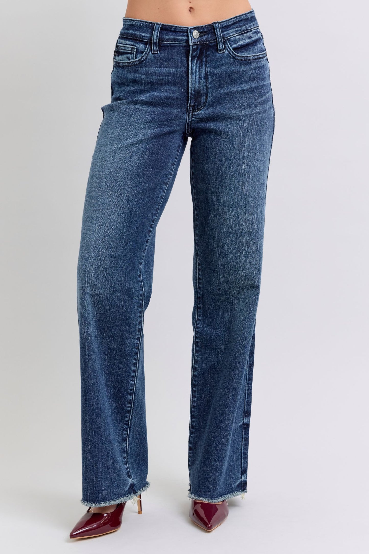 Judy Blue Mid Rise Raw Hem Wide Leg Jeans