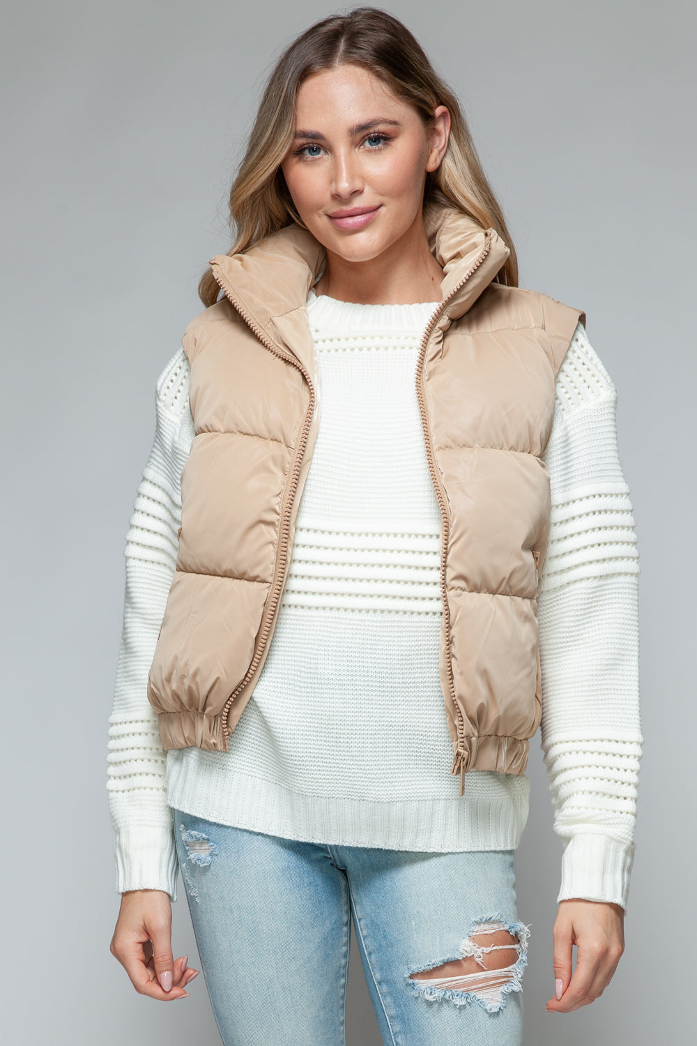 Mid Length Puffer Vest in Iced Coffee