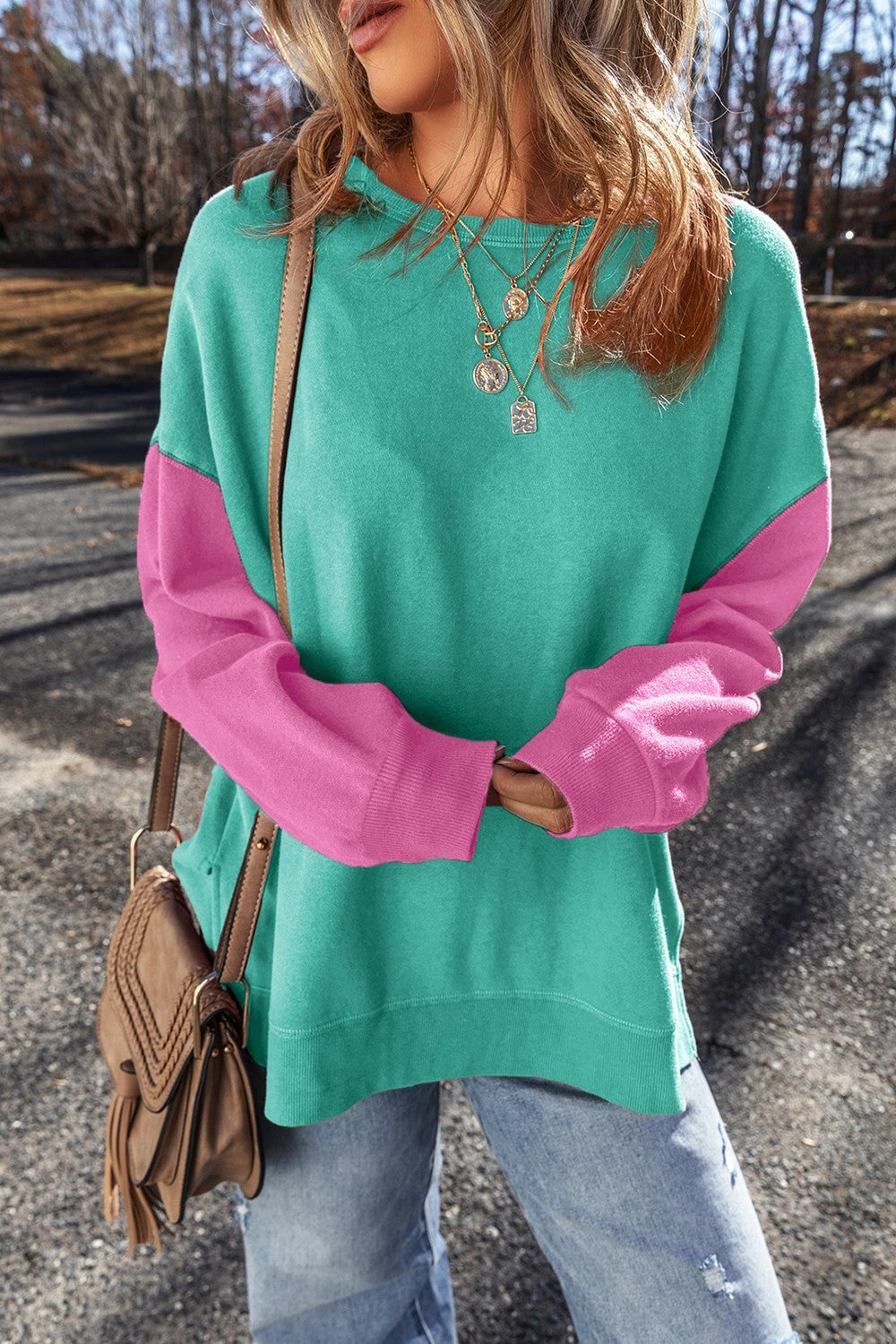 Contrast Sleeve Long Length Sweatshirt