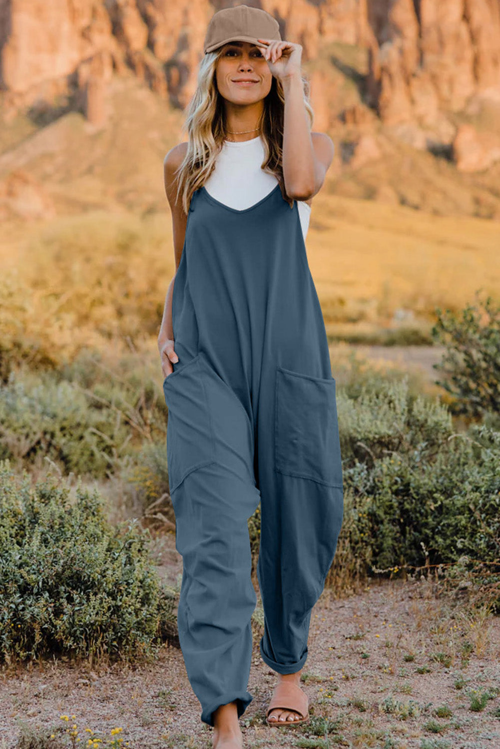 Boho Relaxed Tank Patch Pocket Jumpsuit - 13 Color Options