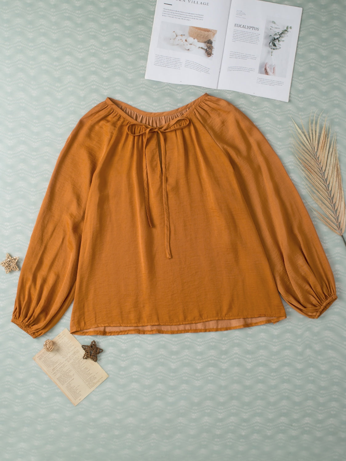 Tie Neck Balloon Sleeve Blouse in Copper