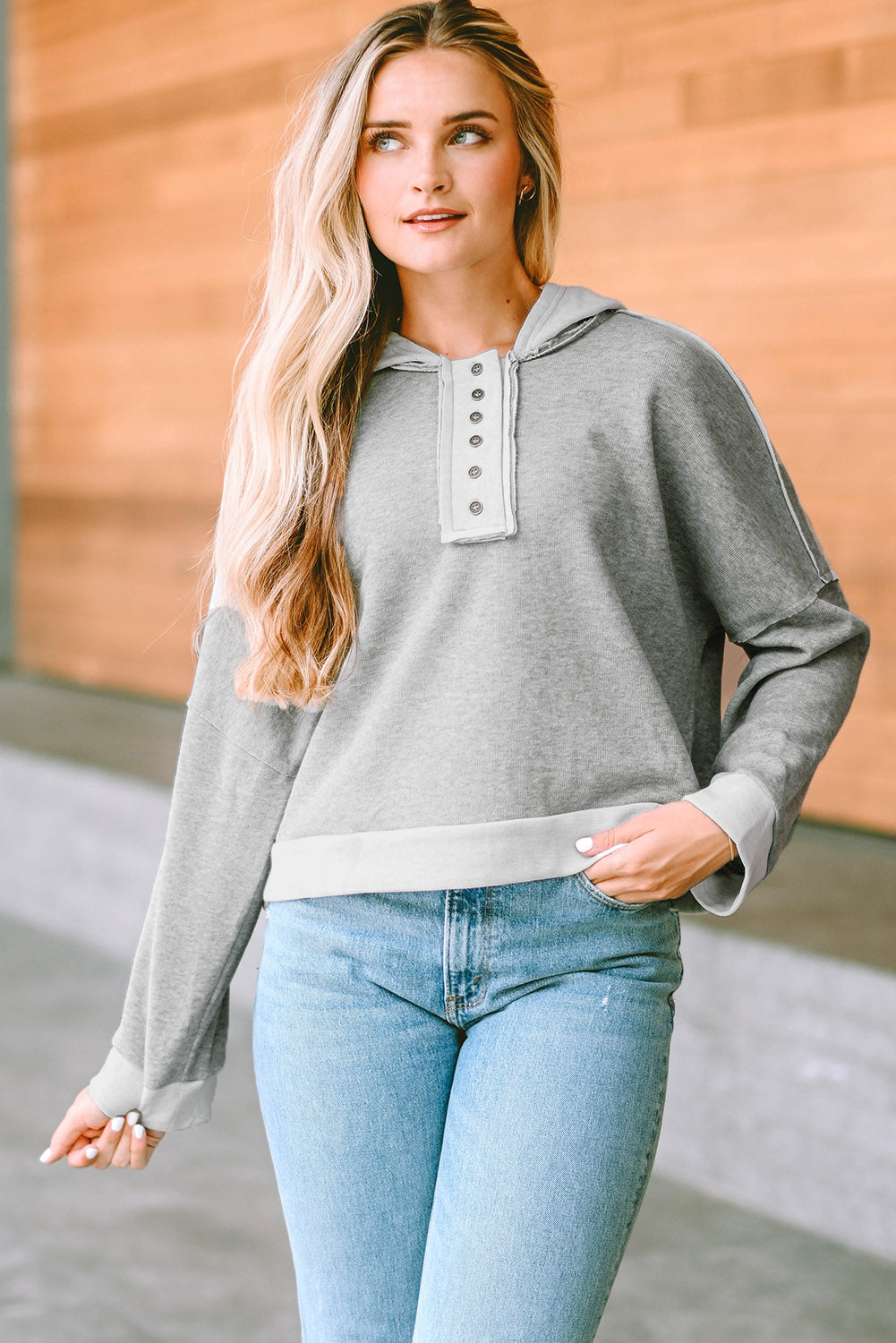 Button Placket Dropped Shoulder Hoodie - 12 Color Options