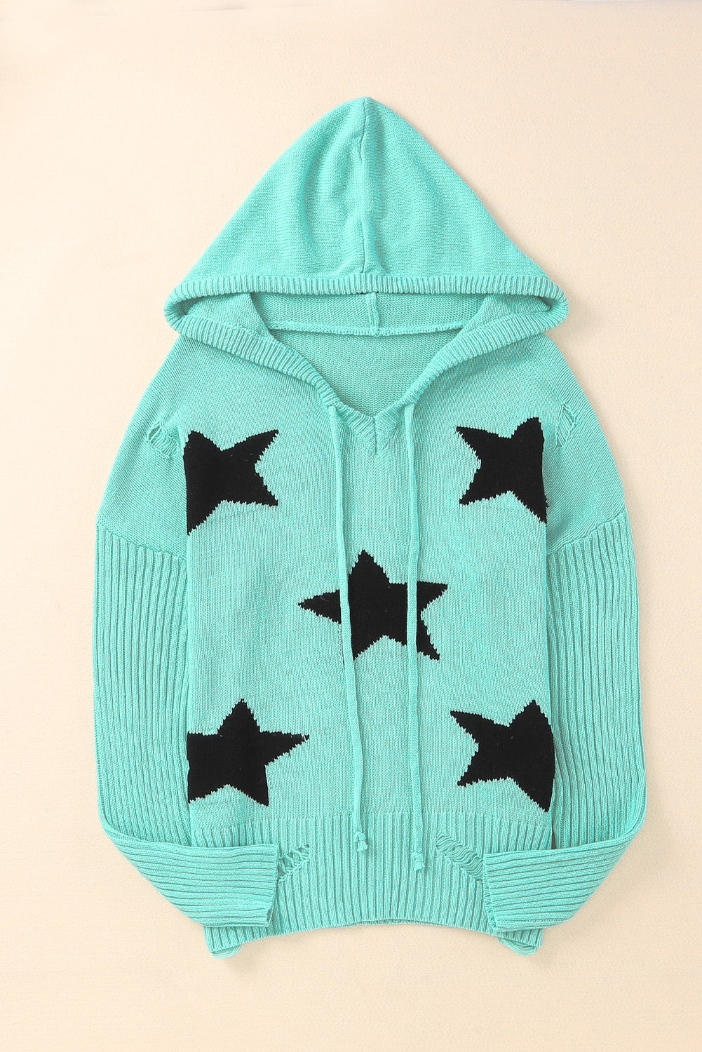 Distressed Hooded Star Sweater in Turquoise