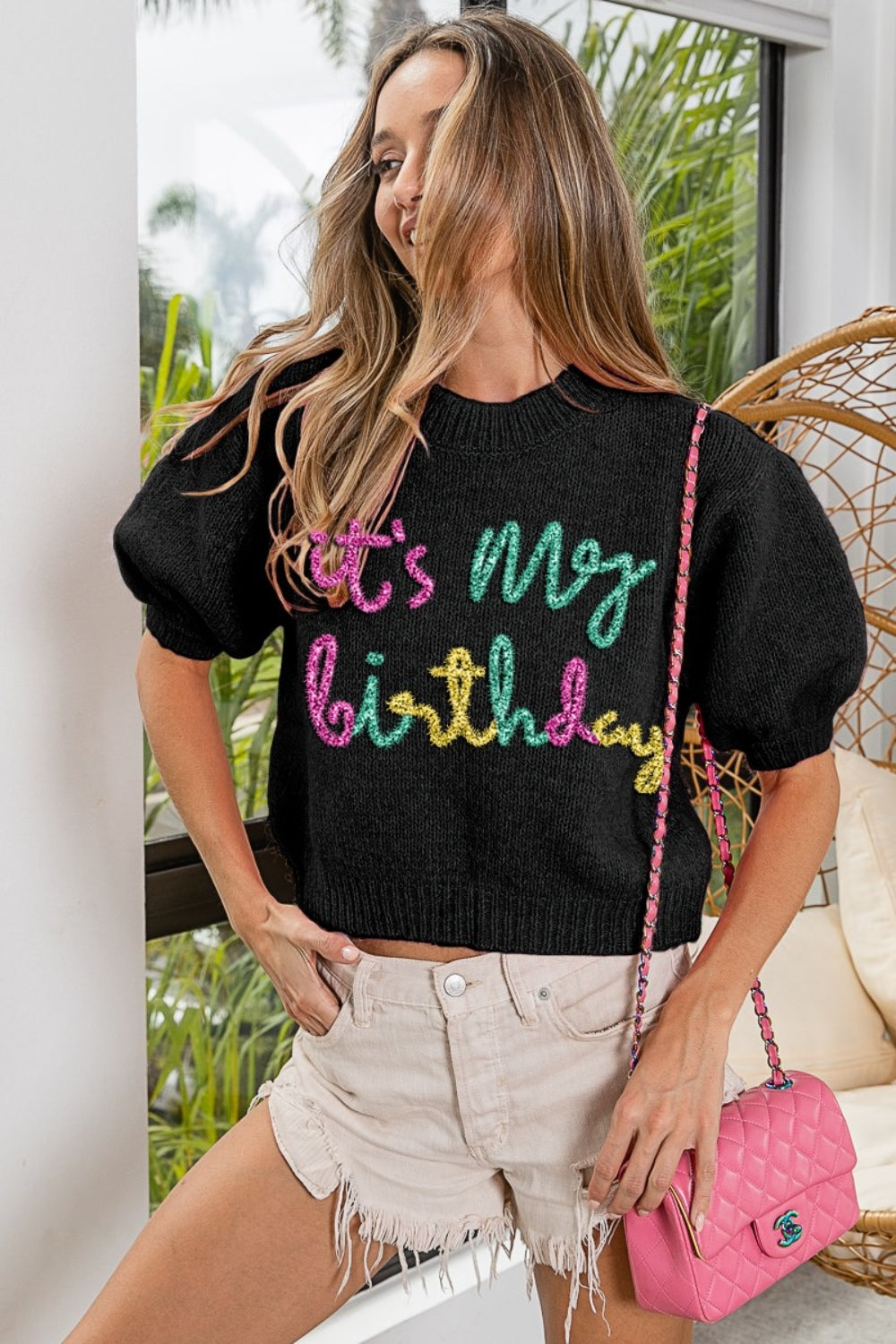 It's My Birthday Metallic Letter Puff Sleeve Fuzzy Sweater