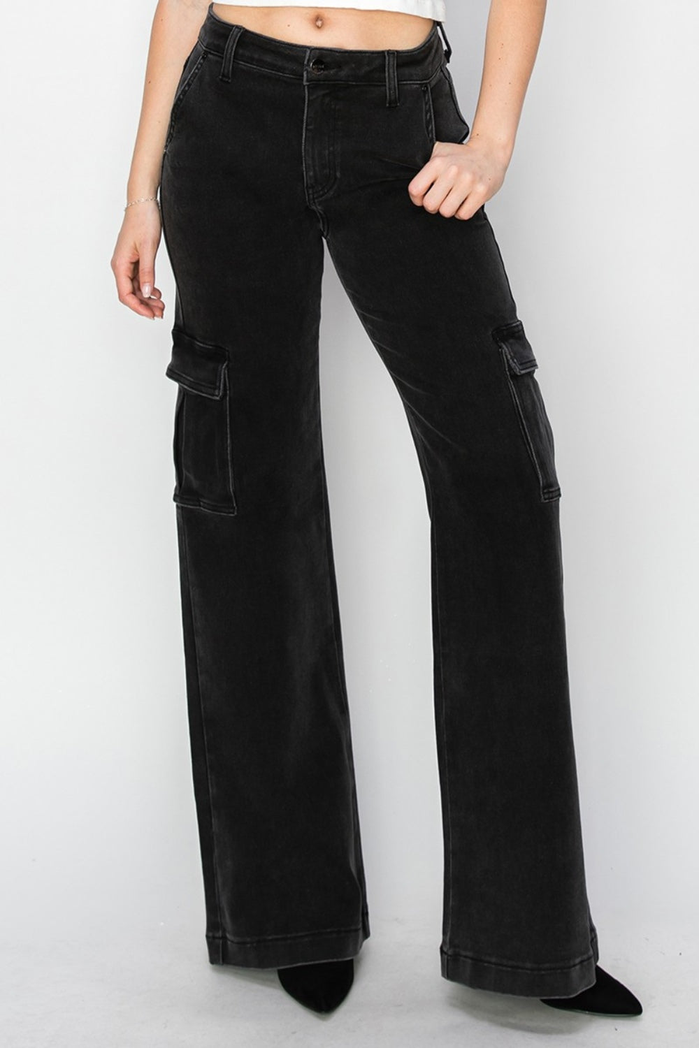 Risen Wide Leg Cargo Jeans in Washed Black