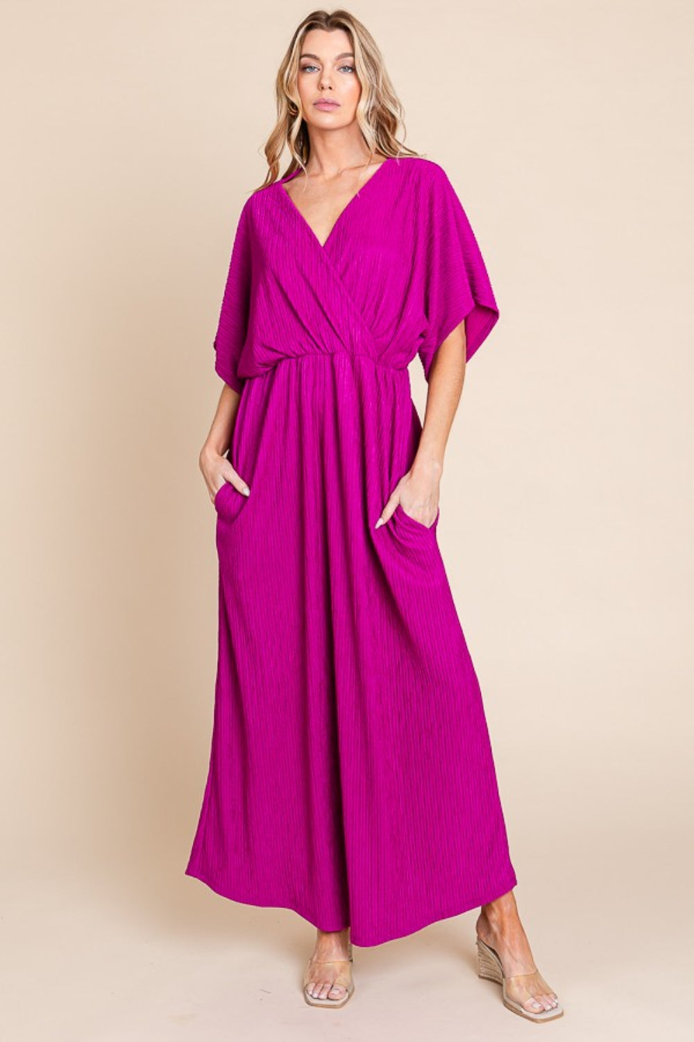 Surplice Maxi Dress with Pockets in Fuschia