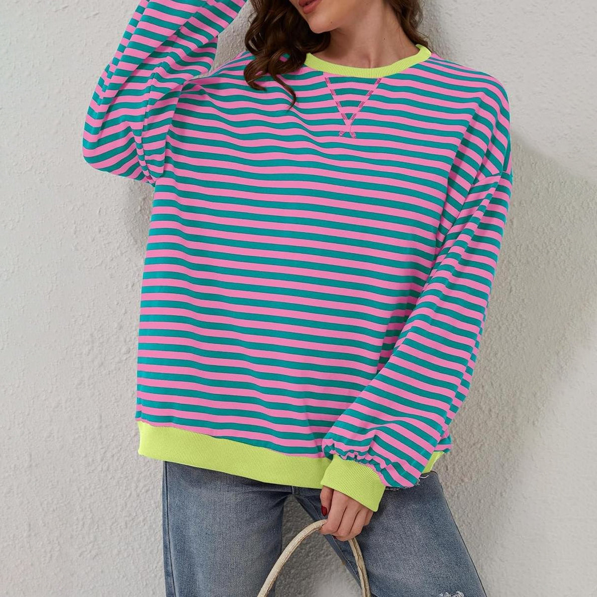 Contrast Striped Long Sleeve Oversized T-Shirt