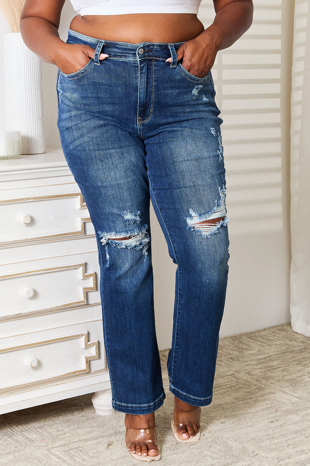 Judy Blue Lucy Mid Rise Hand Sand Distressed Bootcut Jeans