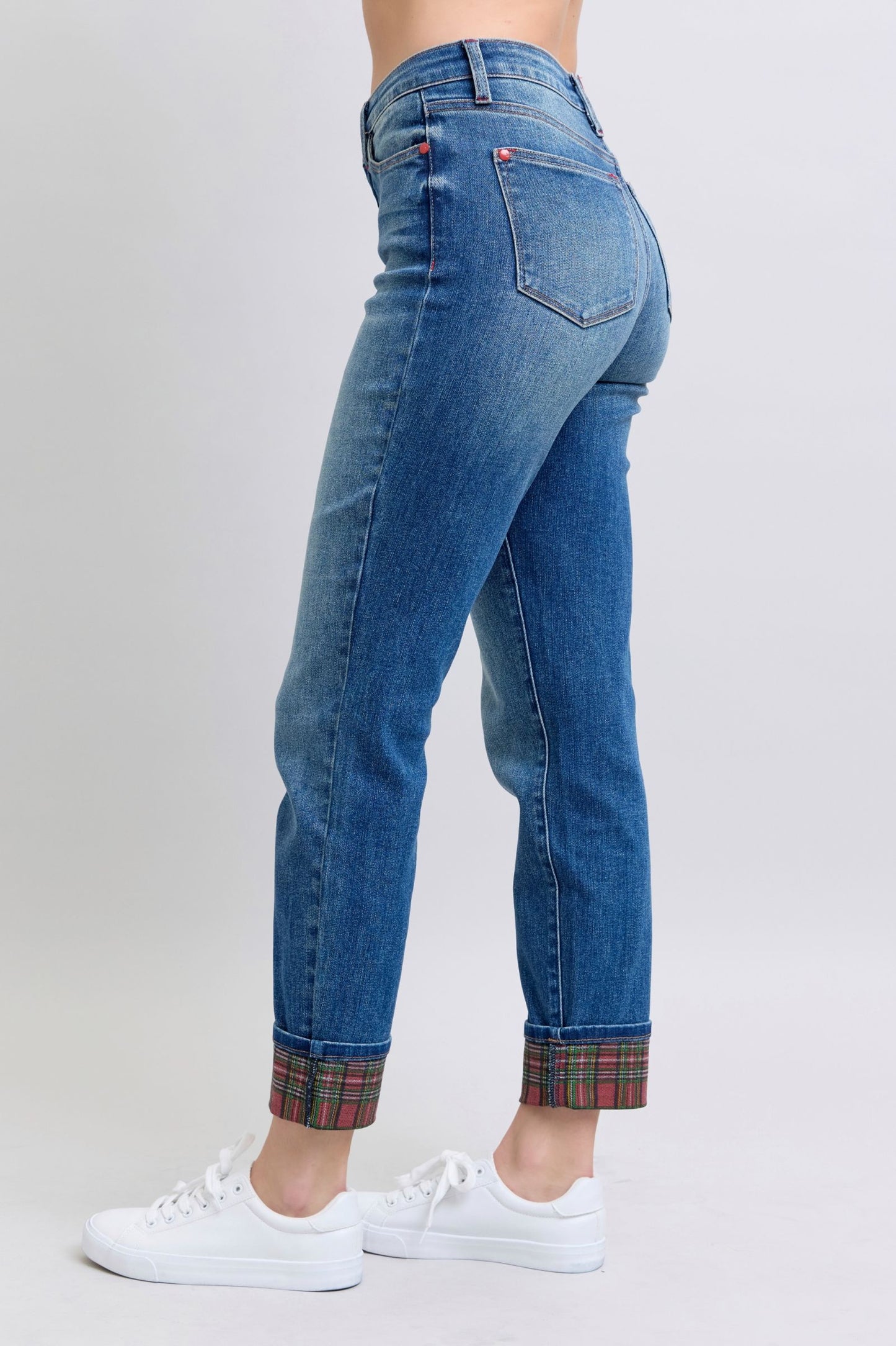 Judy Blue Plaid Cuff Straight Leg Jeans