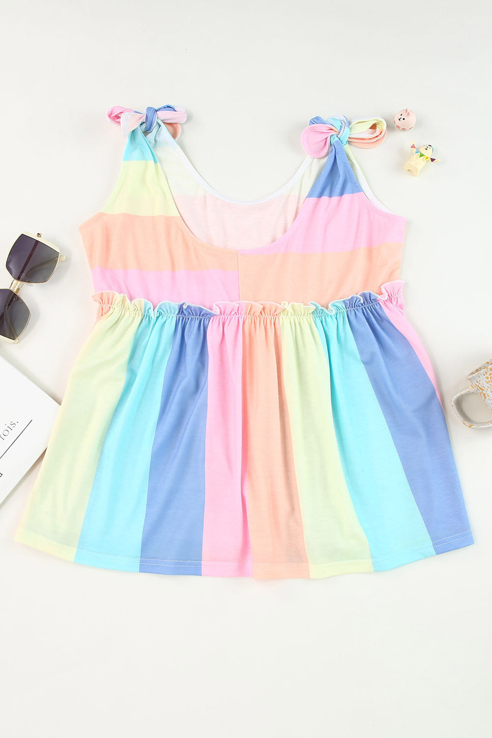 Full Spectrum Striped Tie Shoulder Frill Trim Tank