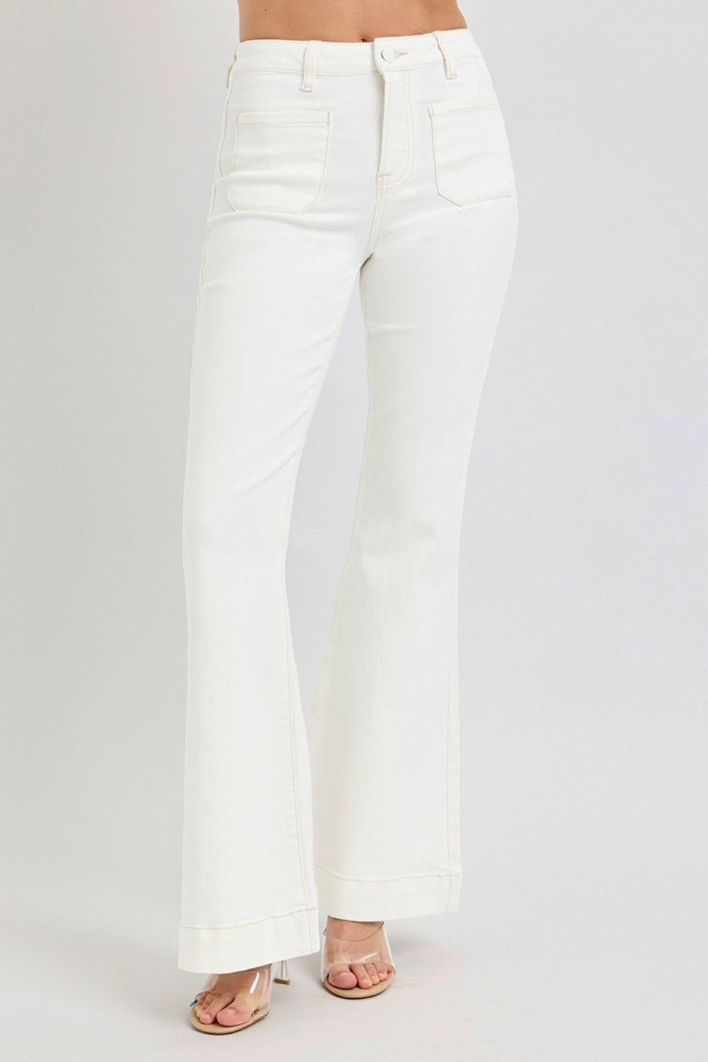 RISEN Front Patch Pocket Flare Jeans in Cream