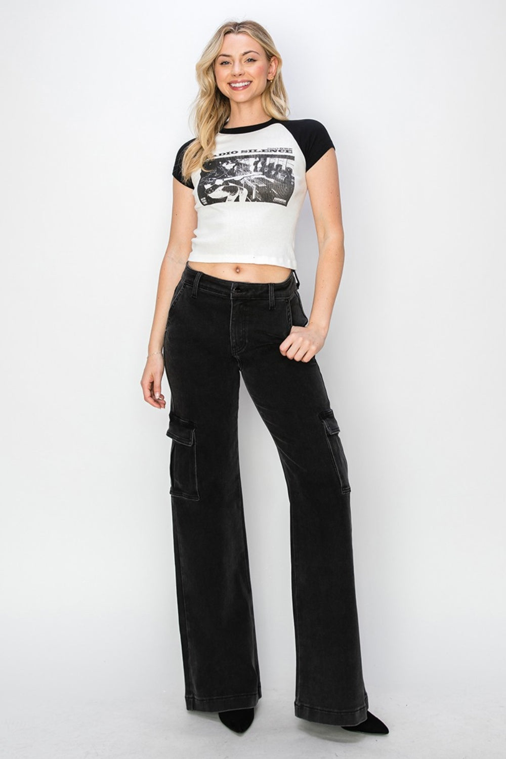 Risen Wide Leg Cargo Jeans in Washed Black