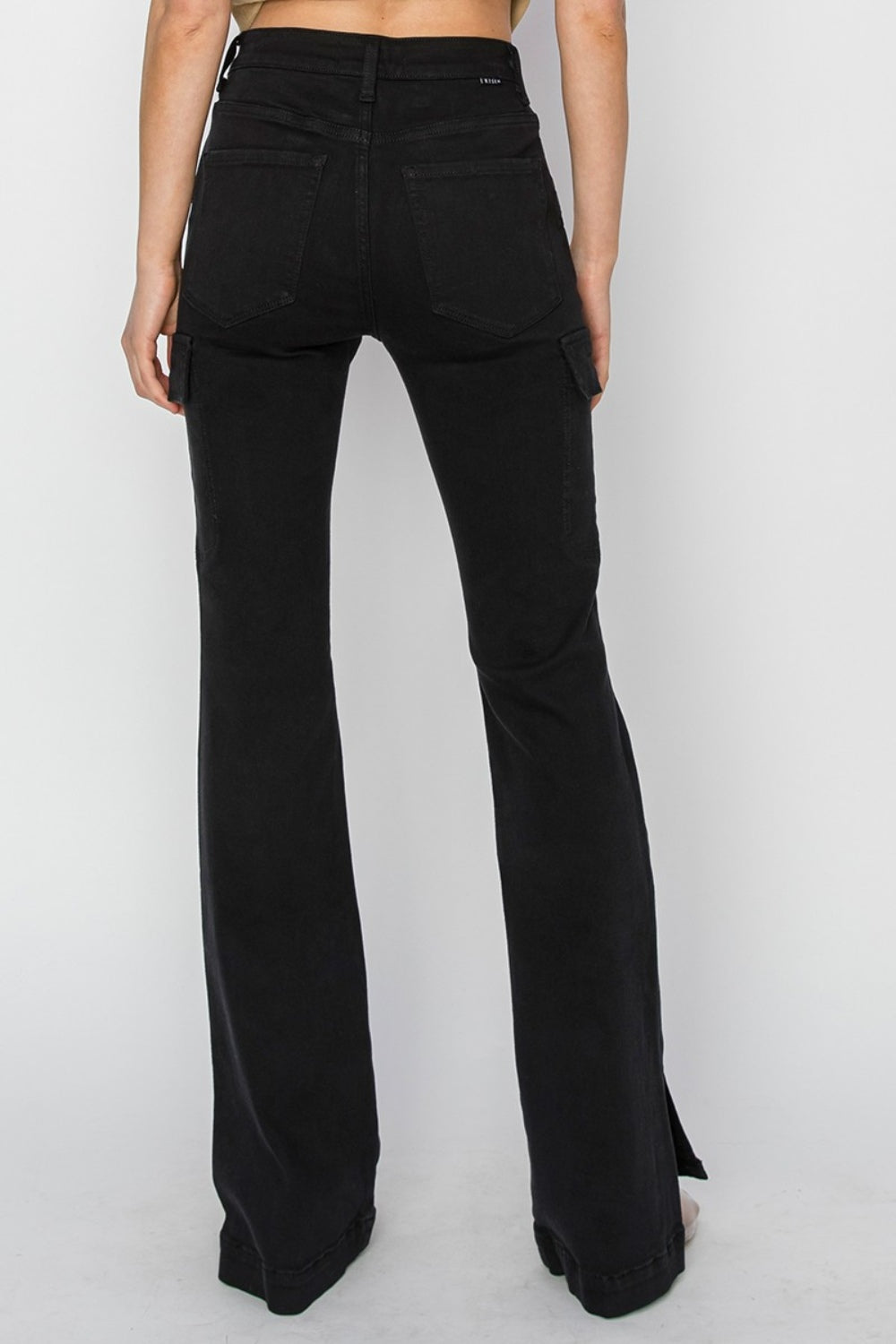 RISEN High Rise Side Slit Cargo Bootcut Jeans in Black