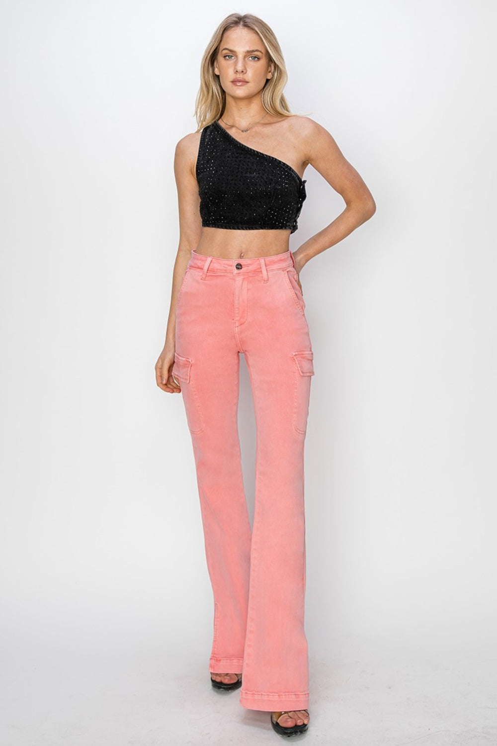 RISEN High Rise Side Slit Cargo Bootcut Jeans in Flamingo