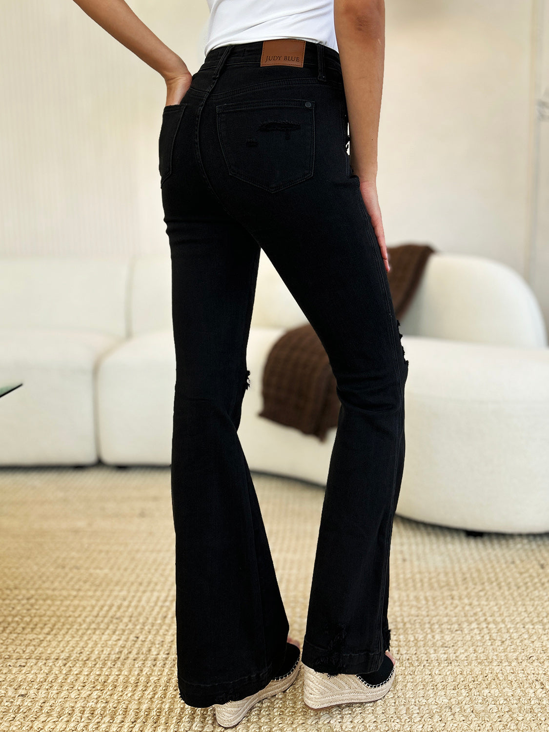 Judy Blue High Waist Distressed Flare Jeans in Black