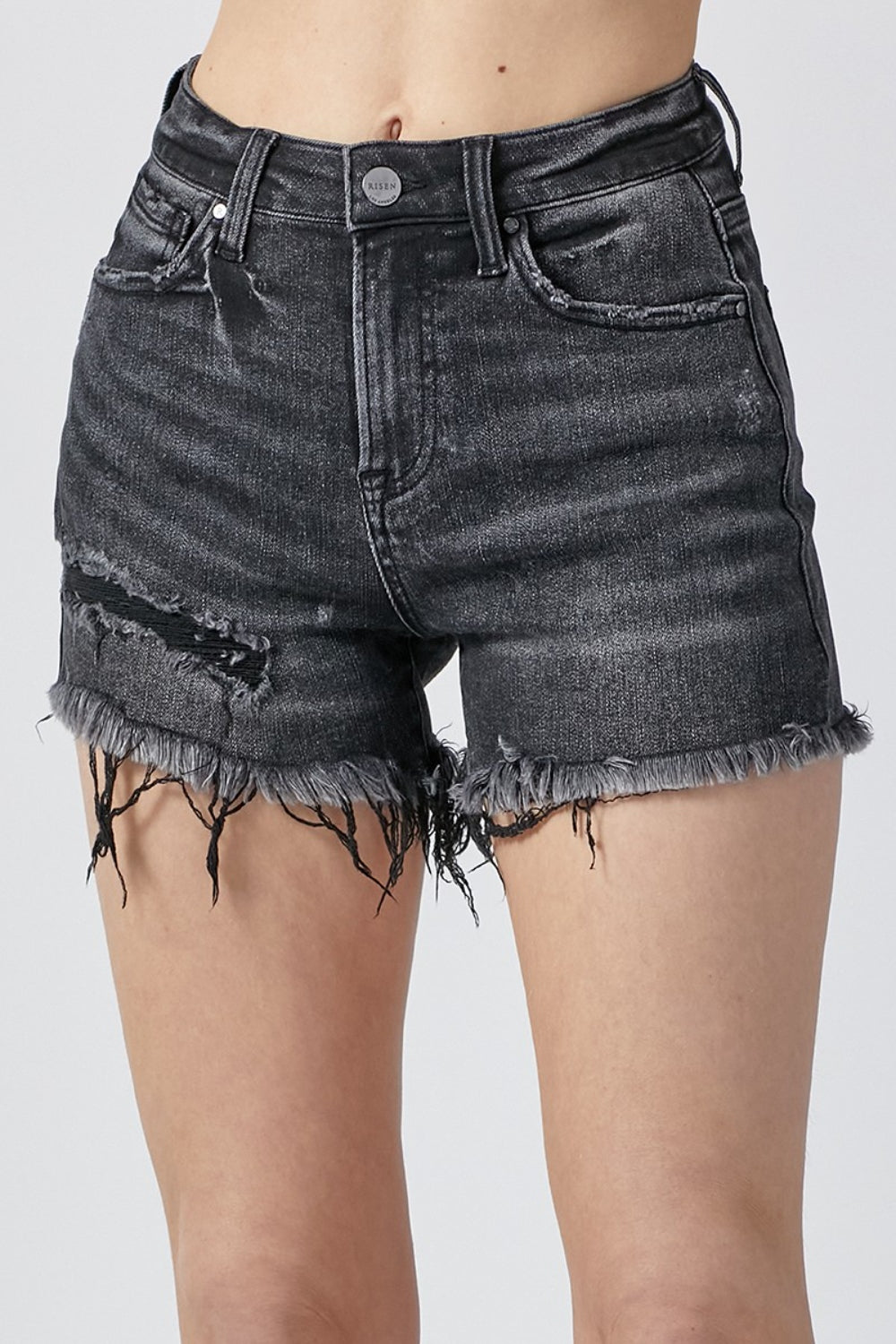 RISEN Raw Hem Denim Shorts with Pockets in Washed Black