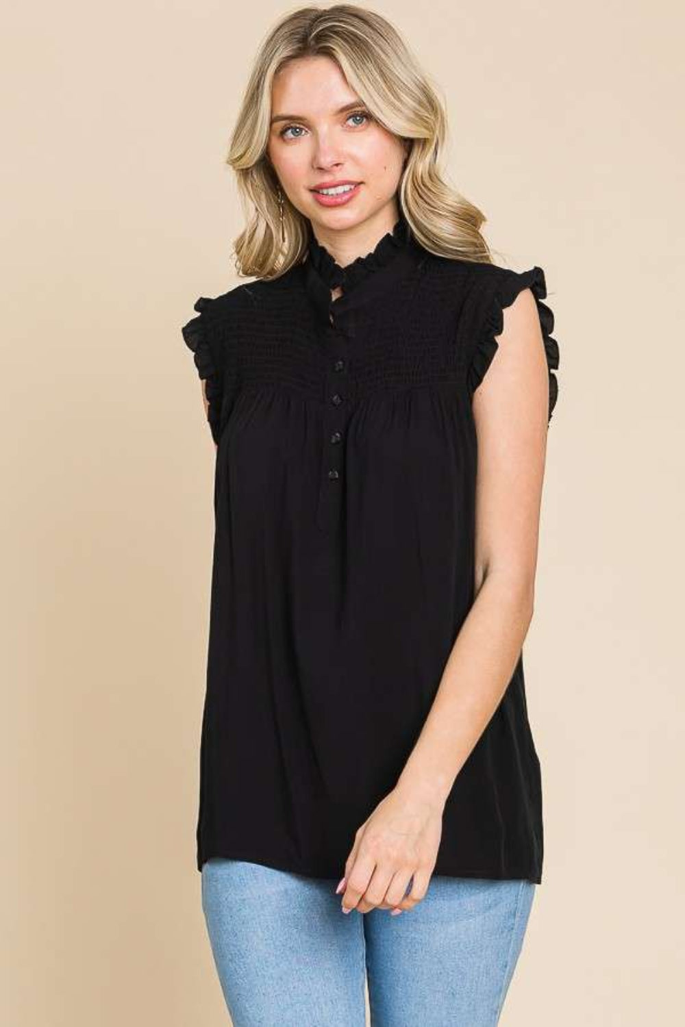 Frill Edge Smocked Black Sleeveless Top