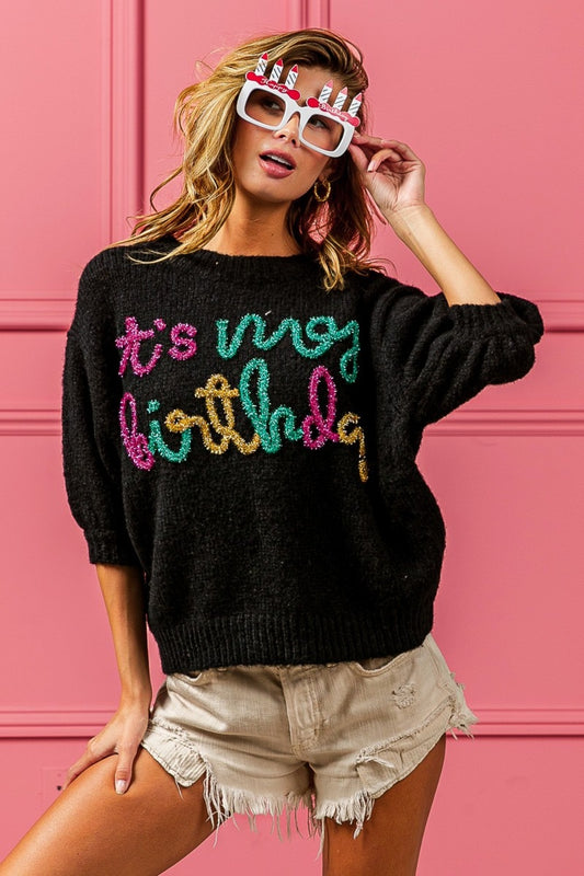 It's My Birthday Metallic Letter Puff Sleeve Fuzzy Sweater