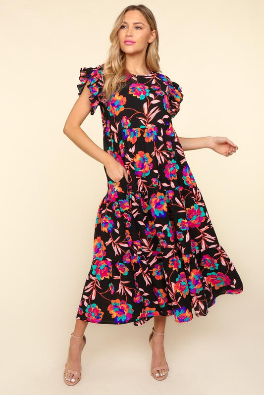 Ruffled Printed Cap Sleeve Dress