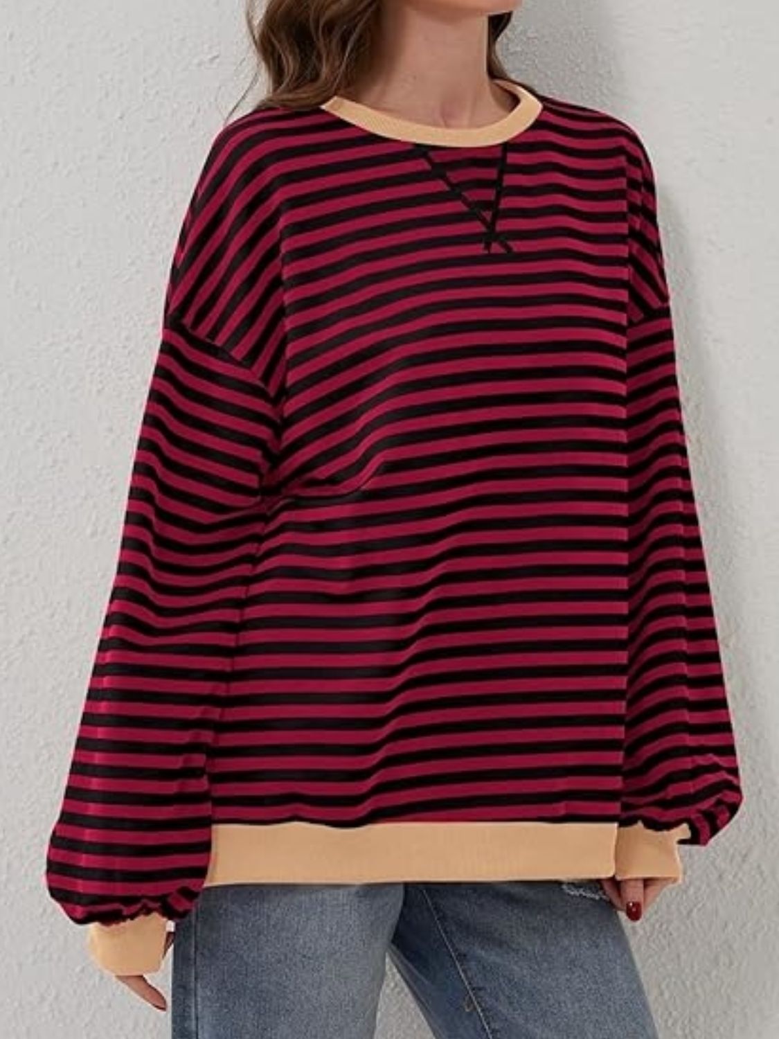 Contrast Striped Long Sleeve Oversized T-Shirt