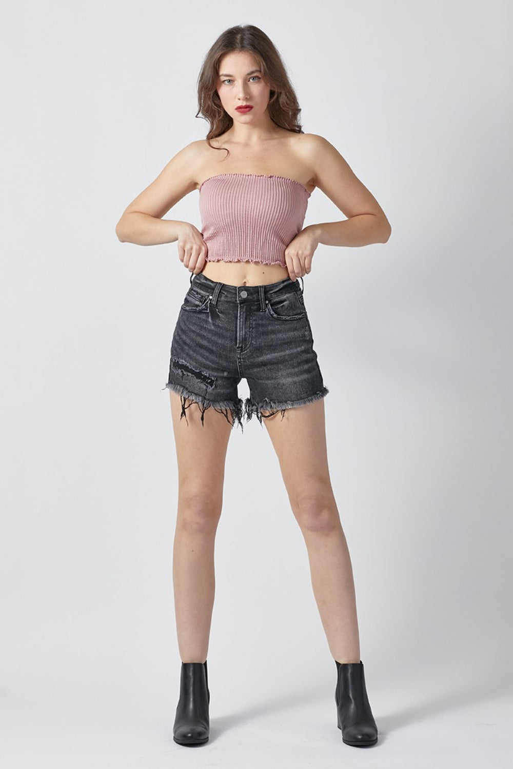 RISEN Raw Hem Denim Shorts with Pockets in Washed Black