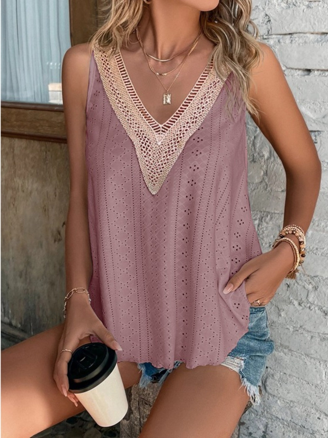 Eyelet and Lace V-Neck Tank - 5 Color Options