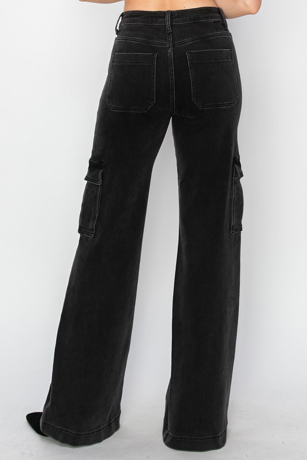 Risen Wide Leg Cargo Jeans in Washed Black