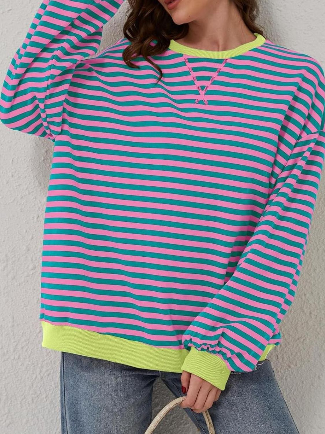 Contrast Striped Long Sleeve Oversized T-Shirt