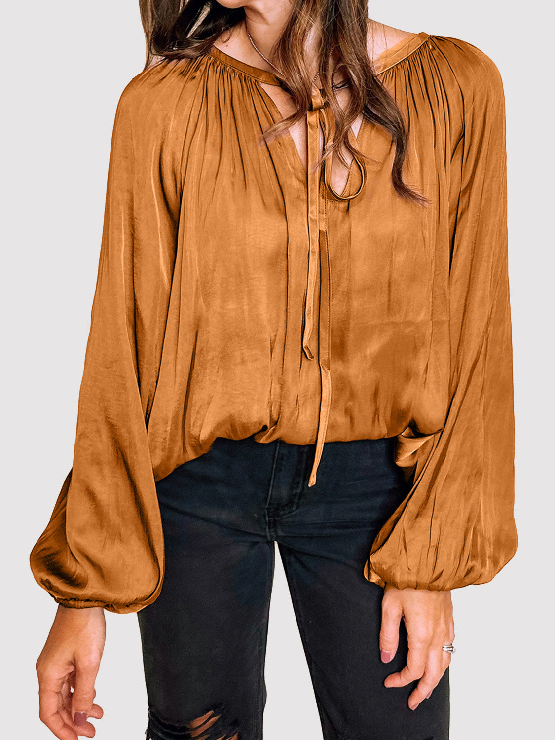 Tie Neck Balloon Sleeve Blouse in Copper