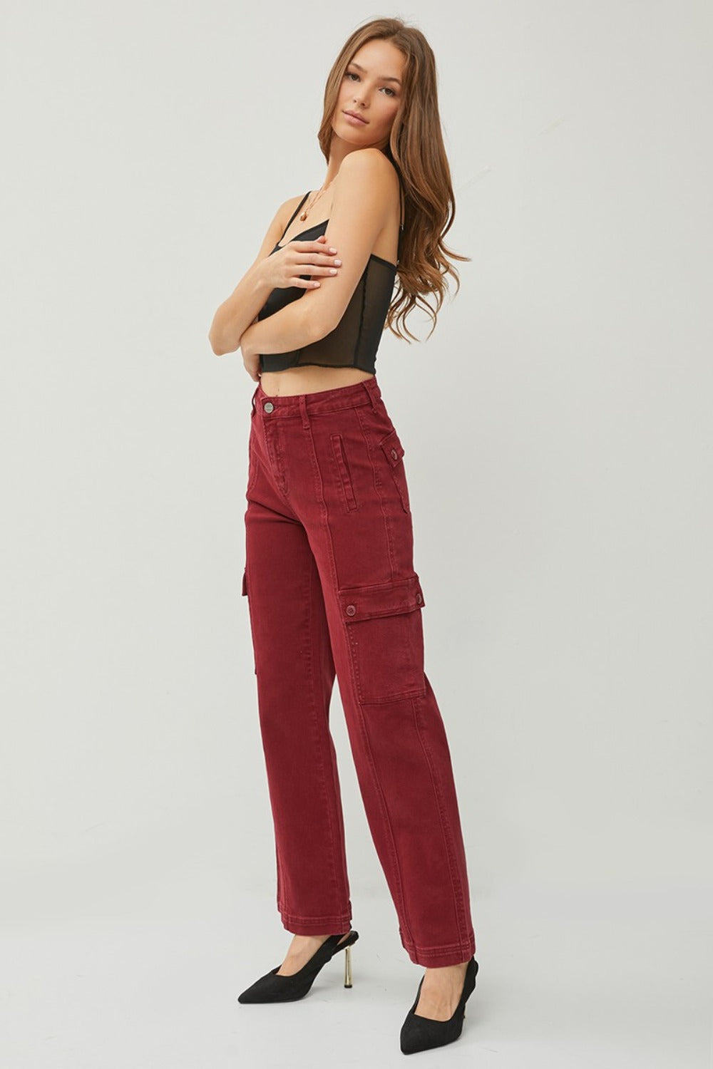 RISEN Wide Leg Cargo Jeans in Wine Red