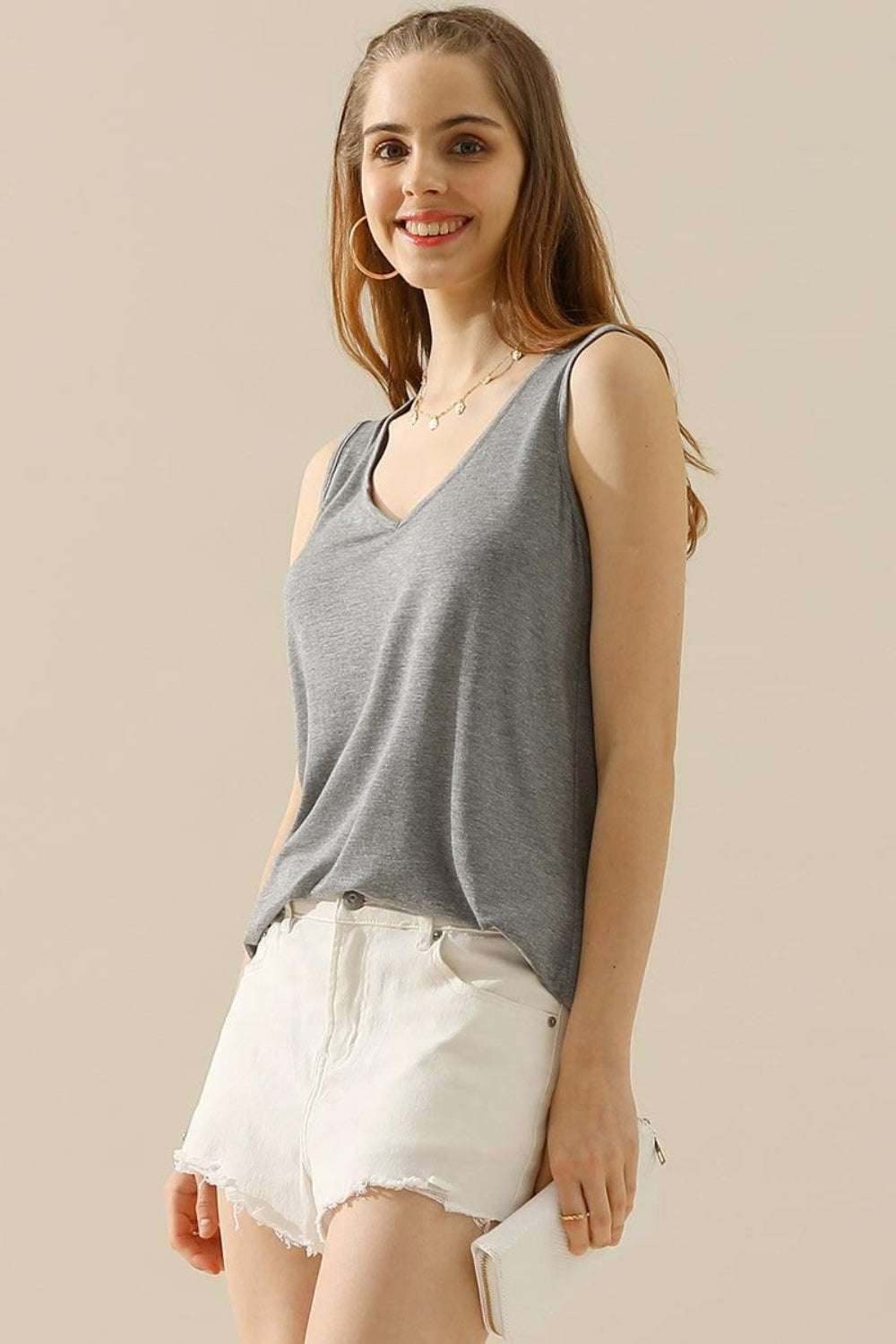 V-Neck Curved Hem Tank - 10 Color Options