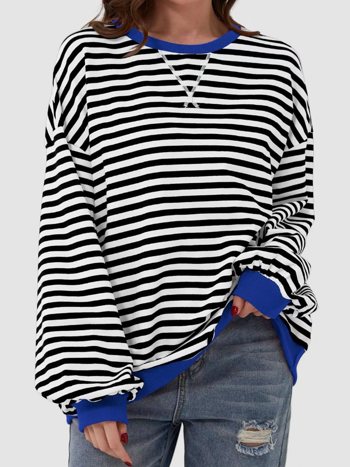 Contrast Striped Long Sleeve Oversized T-Shirt