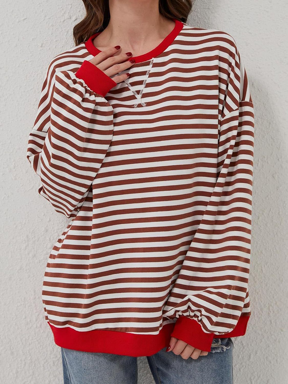 Contrast Striped Long Sleeve Oversized T-Shirt